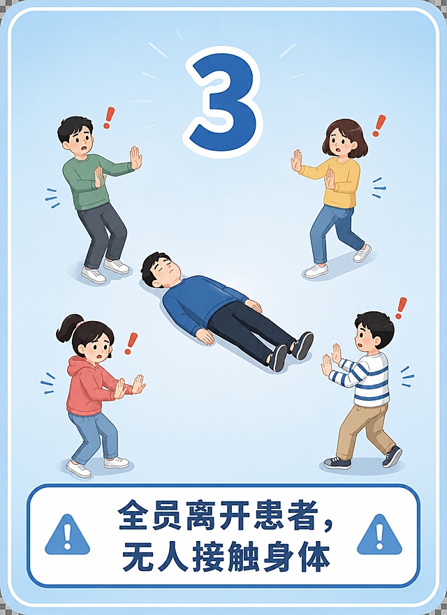 急救科普游戏卡片设计，扁平插画风格，简洁清新。画面展示一位患者平躺，周围有几个人纷纷后退远离患者，双手举起表示不接触，带有警示感。顶部有大号文字"3"，底部有中文文字"全员离开患者，无人接触身体"。背景为浅蓝色渐变，整体风格适合全年龄段科普教育，卡片版式竖版