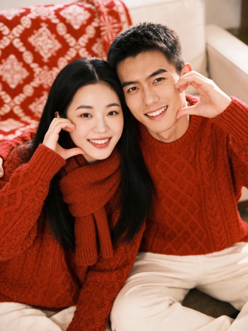 两人身穿红色粗线针织毛衣、米白色下装，女生搭配同色围巾，两人亲密依偎，同时用单手在脸颊旁比出爱心手势，两人笑容灿烂，轻松自然的姿势，温馨居家室内环境，背景是红色花纹软装、浅色调沙发，光线柔和温暖，中近预览效果