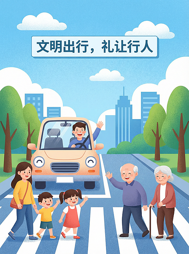 扁平插画风格，颗粒质感，清新色系，主题：文明出行，礼让行人