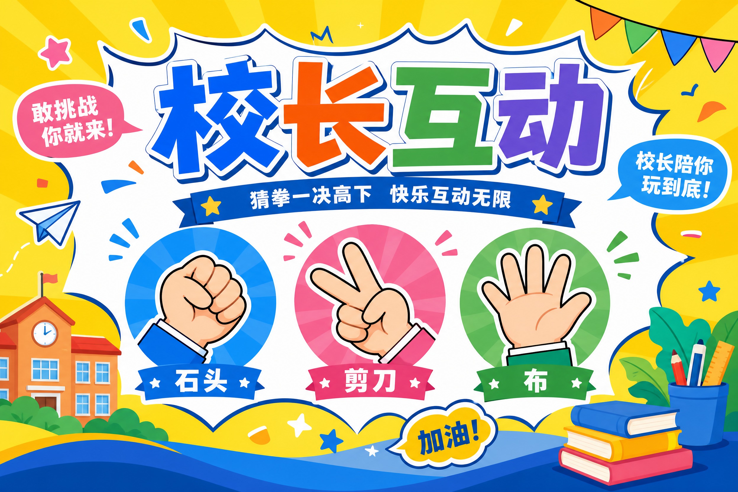 矢量风格展板设计，标题为“校长互动”，画面主体是石头剪刀布猜拳… - 图片创意预览