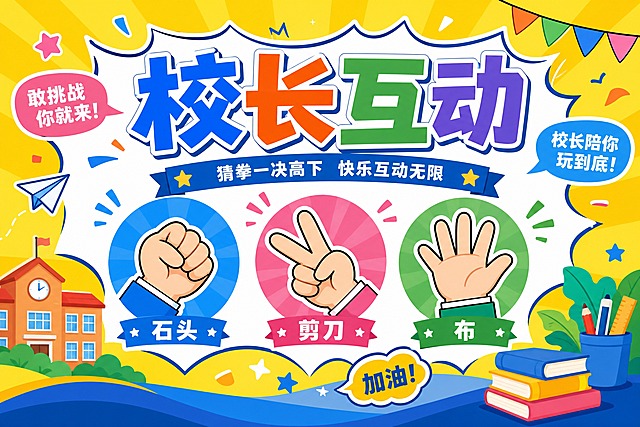矢量风格展板设计，标题为“校长互动”，画面主体是石头剪刀布猜拳游戏的卡通手势图案，包含石头、剪刀、布三种手势的矢量插画，色彩活泼明快，适合校园活动场景，整体为扁平化矢量插画风格，线条清晰，构图饱满，适合作为校园活动展板使用
