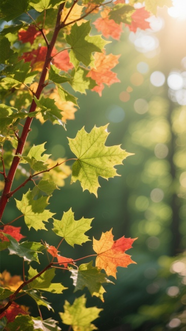 一张写实风格的摄影作品，画面左侧前景是数根红褐色的树枝，上面生长着大量形态完整、边缘清晰的枫叶状绿叶，叶片纹理细腻可见，阳光从画面右上方以强烈的逆光角度照射下来，在叶片上形成明亮的高光区域和清晰的叶脉阴影，背景是大面积失焦的绿色自然环境，充满了圆形的光斑和柔和的光晕，整体营造出温暖、明亮、充满生机的夏日森林氛围，光影对比鲜明，色彩饱满，浅景深效果突出，将画面整体色调改为以橙色、黄色和红色为主的……预览效果