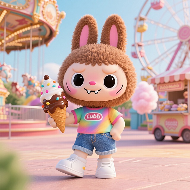 它手拿冰淇淋在游乐园
