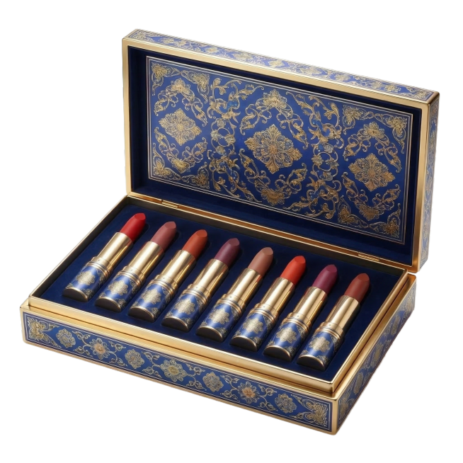 参考图中的设计风格：景泰蓝宝蓝色底搭配金色缠枝花卉纹样，金属金色包边，质感高级细腻。同系列古风彩妆礼盒套装，内含8支滋润哑光口红，每支口红的膏体为不同的颜色（正红、豆沙、枫叶、梅子、奶茶、橘红、浆果、预览效果