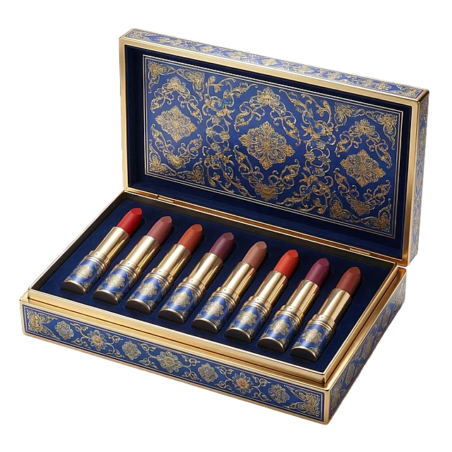 参考图中的设计风格：景泰蓝宝蓝色底搭配金色缠枝花卉纹样，金属金色包边，质感高级细腻。同系列古风彩妆礼盒套装，内含8支滋润哑光口红，每支口红的膏体为不同的颜色（正红、豆沙、枫叶、梅子、奶茶、橘红、浆果、砖红），外包装统一使用该纹样和配色，整体排列整齐，干净白色背景，产品摄影，8k超高清，光影柔和，细节精致