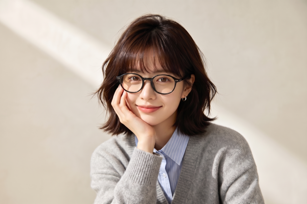 调整眼镜尺寸，将眼镜框的上下宽度缩小一点，整体尺寸稍微调小，保持自然贴合女生面部，保留原有整体风格和画质预览效果