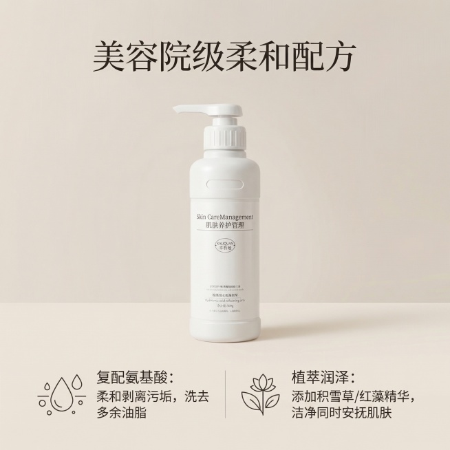 卡莉泉氨基酸洁面乳配方优势主图，高级简约风格，浅米白背景，产品居中放置，画面上下分两部分文字说明，上方主标题"美容院级柔和配方"，下方并列两栏文字：左栏"复配氨基酸：柔和剥离污垢，洗去多余油脂"，右栏预览效果