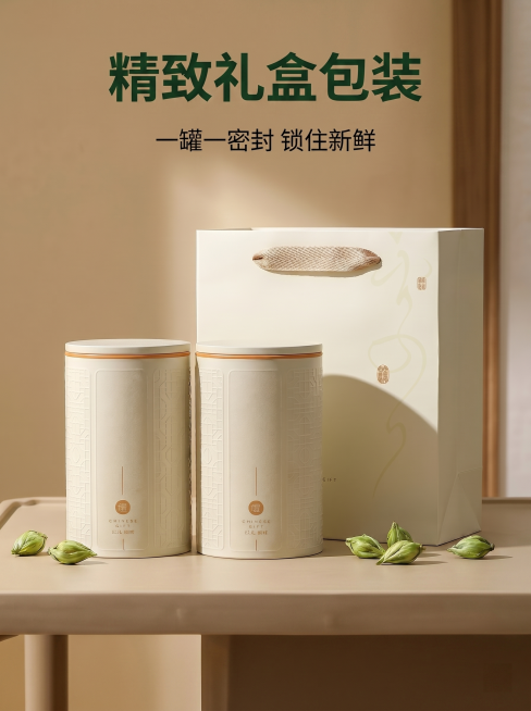 [详情页图2 产品展示]碧螺春茶叶礼盒全套展示；
[氛围风格] 高端精致，突出包装质感；
[画质] 商业摄影质感、光线柔和通透、产品清晰真实、画面干净高级；
[元素] 双罐装碧螺春搭配手提礼袋完整摆放预览效果