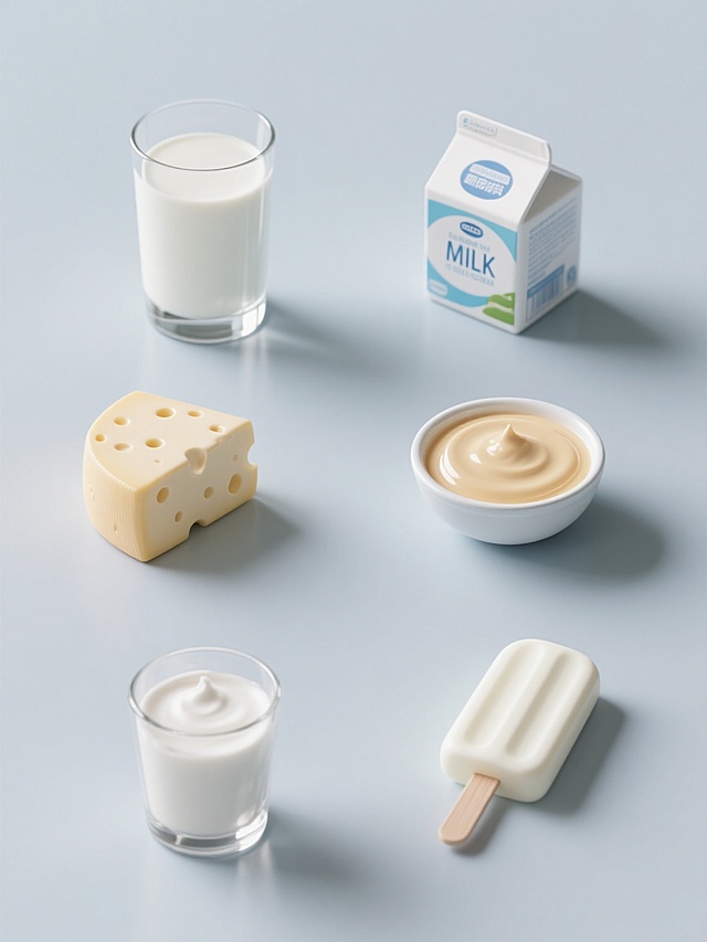 6个不同奶制品的系列素材集合，规整排布在纯色背景上，保持与原图一致的高清晰写实摄影风格，主色调为纯净的白色和透明玻璃的光泽感，柔和的侧光照射，呈现出细腻的液体质感和光滑的表面反光，每个元素都有清晰的阴影细节和自然的高光表现，包括：左侧上方是一杯装满鲜牛奶的透明玻璃杯，右侧上方是一盒打开的原味酸奶，左侧中间是一块切开的奶酪，右侧中间是一小碗浓稠的炼乳，左侧下方是一杯漂浮着奶泡的热牛奶，右侧下方是一根完整的牛奶棒冰，所有元素等距排列，构图对称平衡，整体氛围清新、纯净、自然，突出奶制品的新鲜和质感。