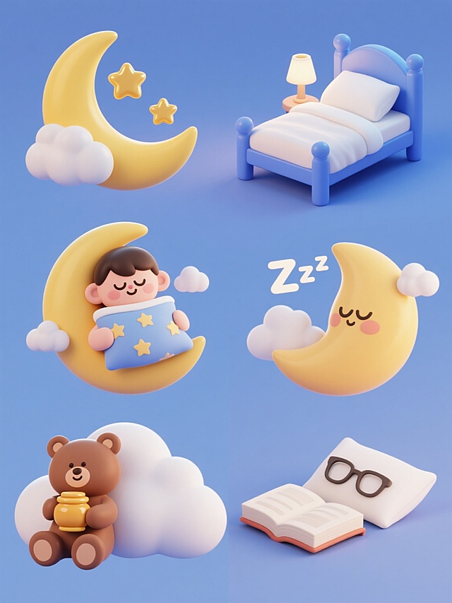 6个睡眠主题3D图标系列，保持圆润可爱的C4D立体风格，统一采用纯色背景，每个图标元素完全不同：1.黄色弯月旁依偎着蓬松白云和金色星星；2.蓝色小床上铺着白色枕头和被子，床头有小台灯；3.卡通人物蜷缩在床上熟睡，脸上带着微笑，被子上有星星图案；4.闭着眼睛的卡通月亮抱着枕头睡觉，周围有漂浮的小云朵；5.棕色小熊抱着蜂蜜罐在云朵形状的床上酣睡；6.白色枕头旁放着一本翻开的书和一副眼镜，枕头上方有"Zzz"睡眠符号，所有图标排布规整，保持相同的柔和光影、光滑材质和明快色彩，整体呈现温馨宁静的睡眠氛围。