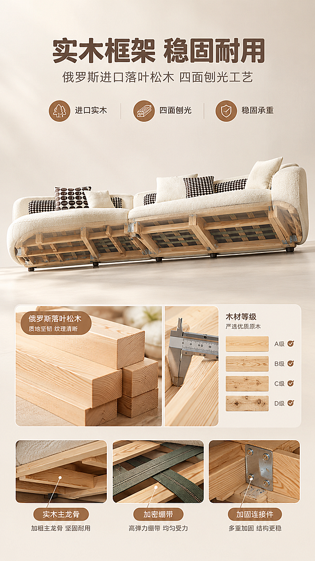 [商品] 使用【图1】奶油白色弧形转角布艺沙发；保留整体外形轮廓；商品处理：沙发底部框架做半透明骨架透视展示，露出内部实木结构，外部面料保持可见，不改变沙发外观颜色与形状。
[画面] 目标：内芯框架页，展示俄罗斯落叶松木框架与稳固结构。构图：上文下景，顶部文案区，下方沙发底部透视特写+实木骨架细节；沙发呈微仰视角度，重点展示底部框架结构，占画面约60%。场景：浅暖灰干净背景，搭配实木纹理特写小图（四面刨光木料），周围有卡尺、木材等级示意元素，突出工艺品质感。
[视觉] 套系策略：风格=奶油亮调轻奢家居商业摄影；标题字=现代无衬线粗体（圆润字重）；正文字=简洁无衬线体；主色=奶白米杏；背景延展=基于奶白米杏做深浅层级、同色渐变与细腻墙面/织物质感；强调色=浅焦糖棕，仅用于小面积图标、引线和标签；标题色=深暖棕灰；正文色=中暖灰；组件=圆角浅底信息卡、细线引线、胶囊形卖点框；光影=左前侧暖柔自然光，柔和漫射，阴影浅淡。
[文字] 顶部文案区：主标题"实木框架 稳固耐用"，副标题"俄罗斯进口落叶松木 四面刨光工艺"；下方3个卖点图标+文字："进口实木""四面刨光""稳固承重"；底部引线标注框架关键部位："实木主龙骨""加密绷带""加固连接件"；文字横向排版。
[规格] 图片比例9:16竖版，4K，medium；避免变形、错字、文字过小、冷蓝/蓝灰背景、沙发颜色改变、结构失真、极限词。