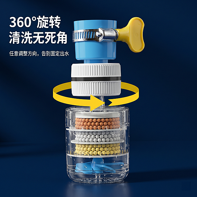 [主图-2] 360度旋转功能展示主图。复刻参考图的营销结构，去除原有品牌标识。[氛围风格] 功能展示清晰直观，凸显使用优势；[画质] 商业摄影质感、光线柔和通透、产品清晰真实、画面干净高级。[元素] 蓝色接头+白色滤瓶的水龙头过滤器居中展示，添加黄色旋转箭头标注360度旋转功能，更换为高级感深蓝色背景，保持产品外观（物理结构、材质质感、颜色）与输入产品图绝对一致，杜绝任何变形和色差，精细化处理。商品主体占比严格控制在60%-80%之间；画面满屏无边框。[光影] 主光照亮产品，背景纯净简洁，透明过滤器通透有质感，阴影层次自然。[配色] 主背景为高级深蓝色，文字为白色，标注箭头为黄色，对比清晰。[视角构图] 平视焦点在产品旋转结构，产品完整不裁切。[文字版式] 左上左对齐，大字主文案“360°旋转 清洗无死角”，白色最大号粗体；下方小字“任意调整方向，告别固定出水”，白色小号，品牌位置消除；文字与背景对比突出清晰可读。[比例分辨率] 1:1比例，2k分辨率；文字清晰锐利，画面超高清。[负向提示词] 变形，水印，文字错乱，产品图模糊，背景杂乱，品牌残留。