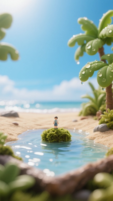 微观视角下的沙滩浅水场景，天空占据画面3/4，明亮澄澈，光线充足；下方1/4为沙滩上的浅显水池，水面波光粼粼，正中间下方有一小簇翠绿苔藓；左右边框有鲜嫩绿植点缀，叶片挂着晶莹水珠，整体氛围清新湿润，充预览效果