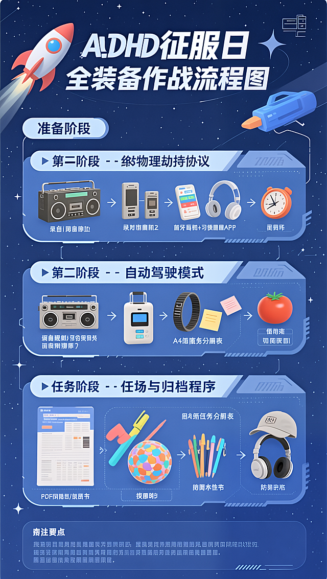 未来感科技风海报，融合卡通与扁平设计，轻拟物元素点缀，霓虹蓝调背景呼应太空主题，展现ADHD征服日的全流程作战计划，兼具机能与塑料质感。
