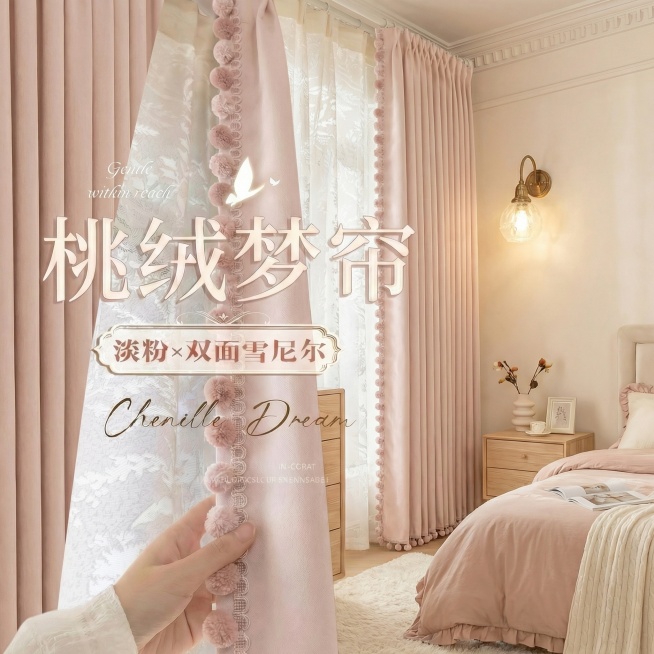 不改变窗帘的面料材质，切换不同的家装场景（最好是少女风奶油风），改变角度，保留文字，一次生成4张；预览效果