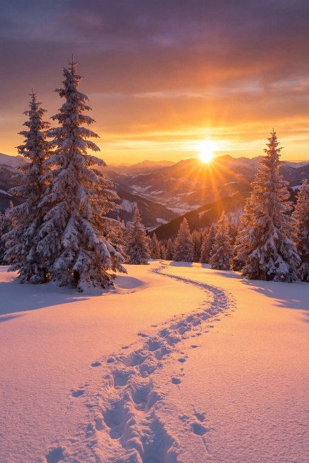 生成一张风格和构图与参考图相似的雪原日出风景图，保留积雪松树和日出远山的元素，整体色调温暖，构图和前三张生成图有区别预览效果