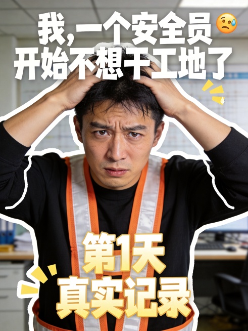 男性安全员工地形象
皱眉肌微收缩，浅川字纹，瞳孔微颤，眼睑微紧张，眼神涣散，眼神光细碎
双手抱头抓狂状，头发微乱
人物景别为完整展示从头顶到胸部以上的半身像，占据画面中心区域大半部分，人物头顶上方距离预览效果