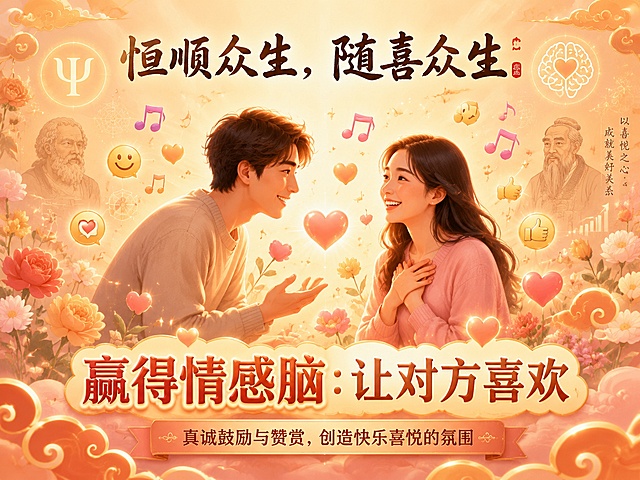 赢得情感脑概念插画，温暖治愈风格。画面中心是两个人面对面交流，彼此脸上带着真诚的笑容，周围环绕着许多快乐元素：爱心、花朵、音符、笑脸、点赞手势，形成一片喜悦的氛围。左侧人物顺着对方的方向微微前倾，代表“恒顺众生”；右侧人物脸上洋溢着被赞赏后的快乐，代表“随喜众生”。画面上方有书法风格的文字“恒顺众生，随喜众生”，下方大标题“赢得情感脑：让对方喜欢”，底部配文“真诚鼓励与赞赏，创造快乐喜悦的氛围”。画面中还点缀着心理学符号和传统文化祥云元素，体现中西合璧的智慧。整体暖橙与粉金色调，画面柔和温暖，充满正能量