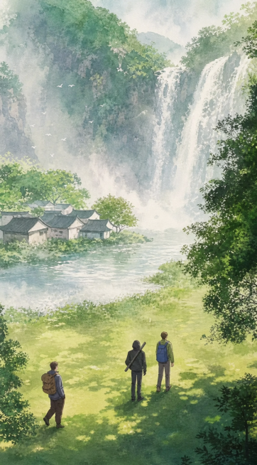 参考原图风格，重新生成画面内容，保留三个徒步背包客站在草地眺望山谷村落瀑布的构图，保留水彩国风风格，绿色清新调预览效果