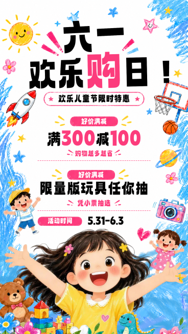 六一儿童节节日促销活动童趣活力海报预览效果