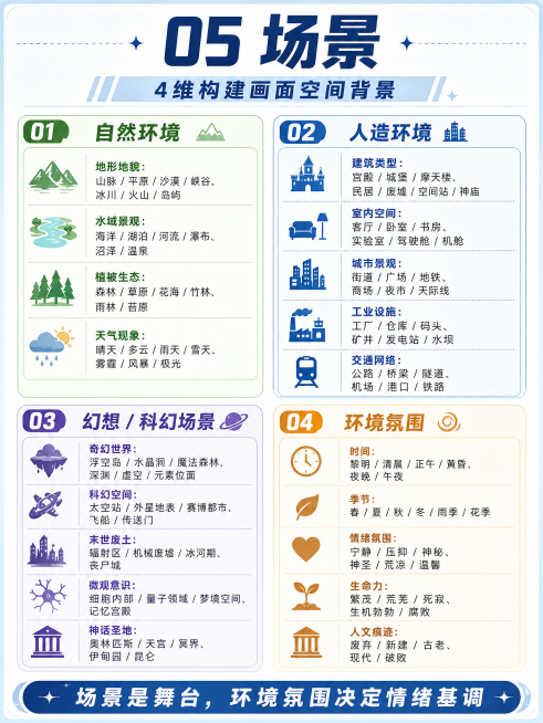 「图片1」05 场景
副标题：4 维构建画面空间背景
01 自然环境
地形地貌：山脉 / 平原 / 沙漠 / 峡谷、冰川 / 火山 / 岛屿
水域景观：海洋 / 湖泊 / 河流 / 瀑布、沼泽 / 温预览效果