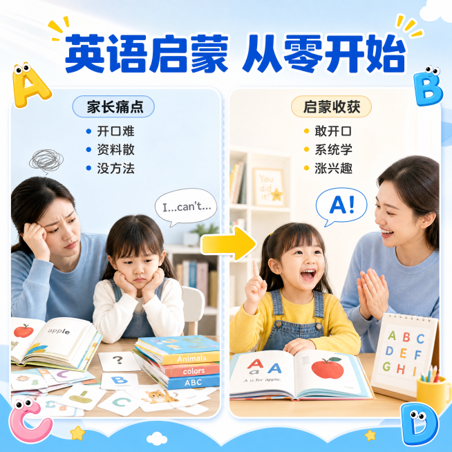 [主图-2] 痛点与学习目标激发兴趣图，剑桥少儿英语启蒙。[氛围风格] 活泼干净亲子风，和首图风格统一；[画质] 高清商业设计，画面清新通透。[元素] 左右分栏构图，左侧展示家长常见痛点场景：孩子害羞预览效果
