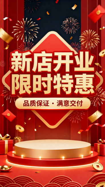新店开业促销海报，画面大气喜庆，中心位置醒目标题文字"新店开业 限时特惠"，下方小字"品质保证 · 满意交付"，红色金色为主色调，点缀礼花和装饰元素，商业风格预览效果