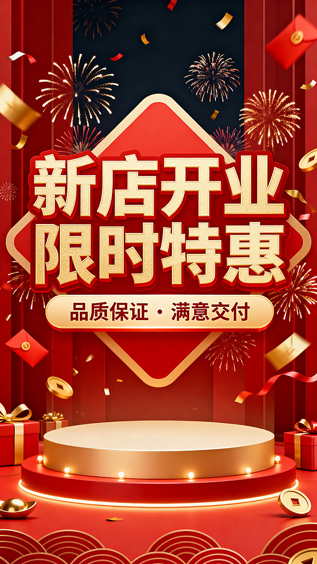 新店开业促销海报，画面大气喜庆，中心位置醒目标题文字"新店开业 限时特惠"，下方小字"品质保证 · 满意交付"，红色金色为主色调，点缀礼花和装饰元素，商业风格
