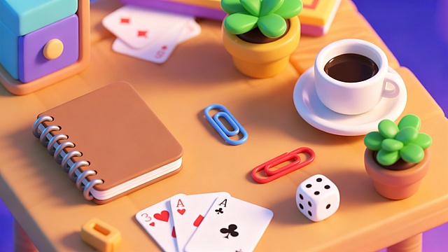 俯视角木质桌面，散落着日常用品，包括棕色线圈笔记本、蓝色和红色回形针、白色骰子、几张扑克牌、绿色盆栽、白色咖啡杯装着黑色咖啡，整体呈现3D卡通风格，色彩明亮鲜艳，细节丰富，物体边缘圆润可爱，光线柔和均匀