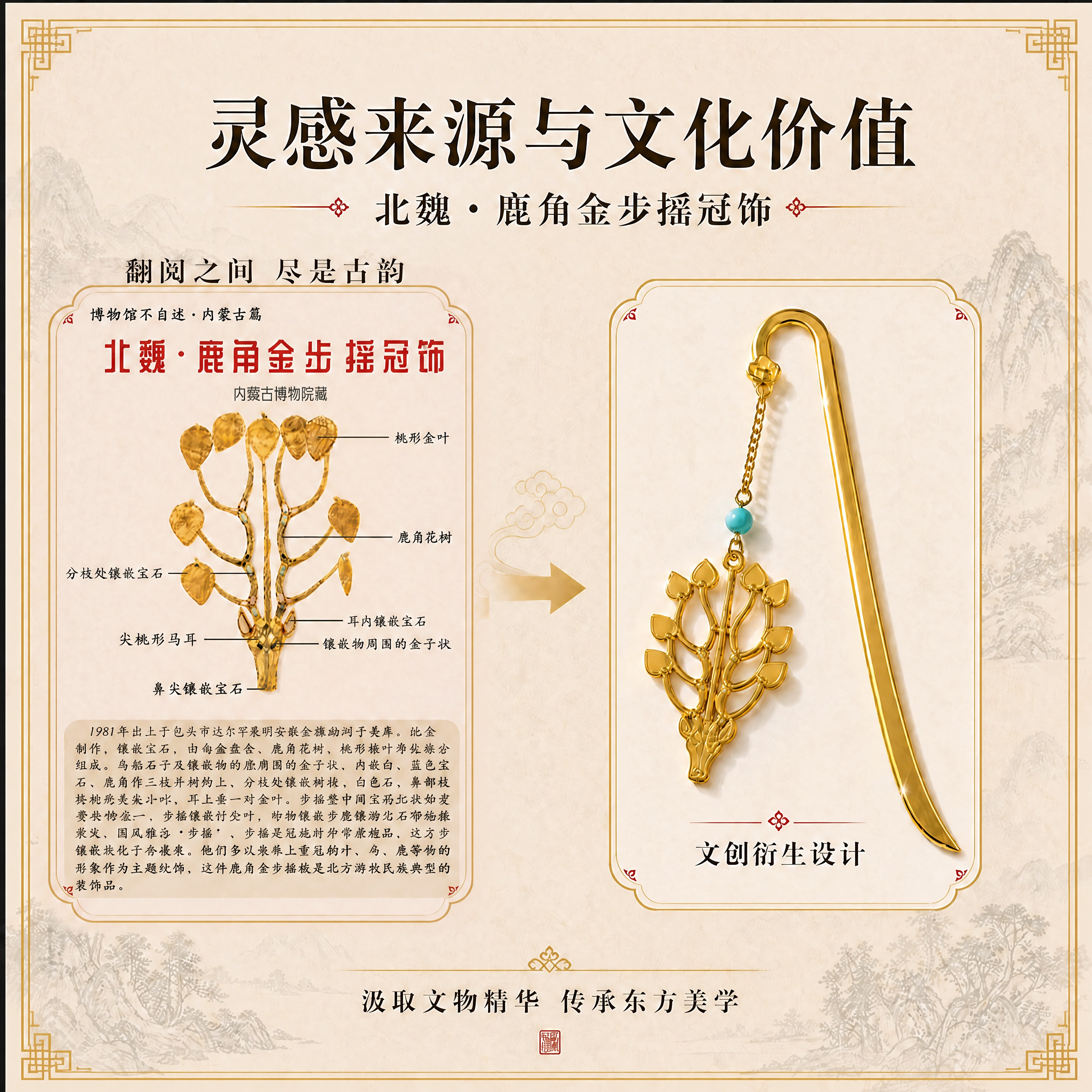 只修改左侧文物图中红色大字「北魏·鹿角金步摇饰」，改为「北魏·… - 图片创意预览
