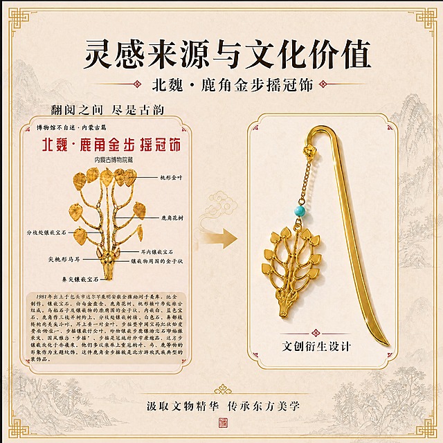 只修改左侧文物图中红色大字「北魏·鹿角金步摇饰」，改为「北魏·鹿角金步摇冠饰」，增加「冠」字。字体、字号、红色颜色、位置、排版风格与原文完全一致。其余所有元素完全不动：文物图、所有标注线和文字、底部介绍文字、右侧书签、中间箭头、顶部大标题和副标题、底部文字、山水背景、回纹边框、所有装饰元素、构图、光影、色调全部保留不变，只改这一处红色文字。