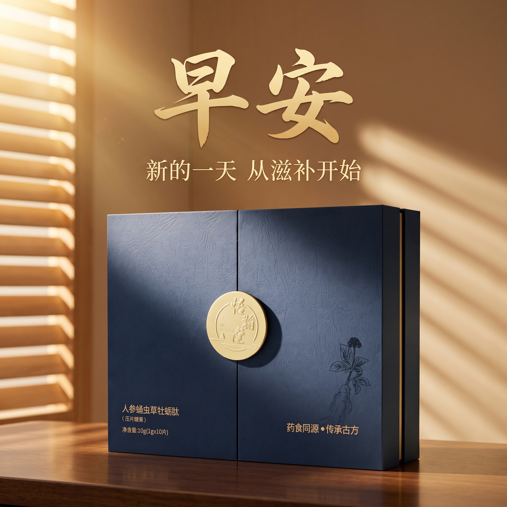 高端滋补早安图，悟瀚堂人参蛹虫草牡蛎肽深蓝金礼盒。产品礼盒位于… - 图片创意预览