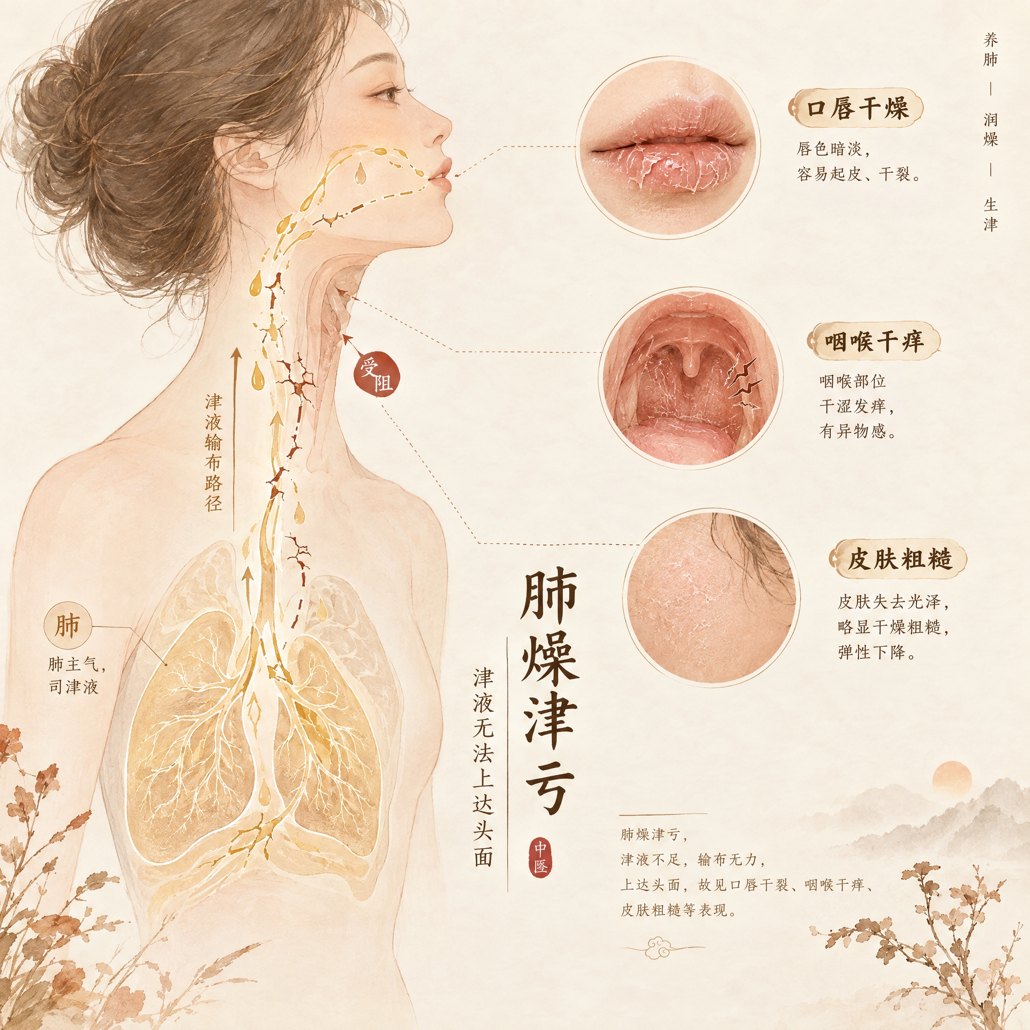 中医养生概念插画，表现肺燥津亏、津液无法上达头面的主题。画面左… - 图片创意预览