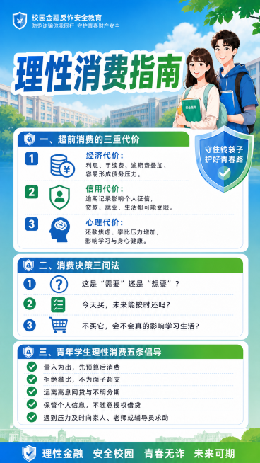 使用参考图的校园金融反诈安全教育蓝绿风格，包含相同的顶部标题栏和学生插画，制作内容为：
主标题：理性消费指南
第一部分：超前消费的三重代价，分三点列出经济、信用、心理三方面代价
第二部分：消费决策三问预览效果