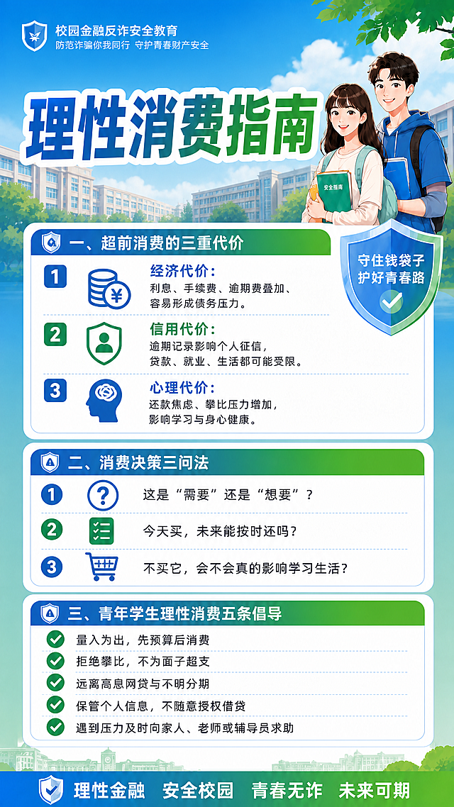 使用参考图的校园金融反诈安全教育蓝绿风格，包含相同的顶部标题栏和学生插画，制作内容为：
主标题：理性消费指南
第一部分：超前消费的三重代价，分三点列出经济、信用、心理三方面代价
第二部分：消费决策三问法，列出三个问题
第三部分：列出青年学生理性消费的五条倡导
保持和参考图一致的模块设计、图标风格和底部标语