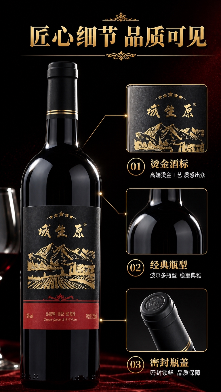 [商品] 使用【图1】域生原干红葡萄酒瓶身与三个细节放大图；保… - 图片创意预览