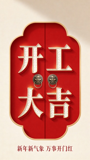 高端国潮剪纸风竖版营销海报，正红色纯色肌理背景，画面中心是占据视觉中心的剪纸镂空工艺“开工大吉”大字，字体内部填充国风祥云纹理，两字中间搭配中式兽首门环，门环带金属高光，整体柔和剪纸光影，镂空字体带自预览效果