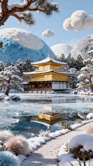 侧拍全景，冬日的金阁寺覆着薄雪，金箔外墙在阳光下依旧耀眼。下方湖面结起厚冰，清晰倒映出金阁与周围的松林，松林披雪枝干遒劲，小径覆雪无人踏足，日式庭院的静谧与冬日纯净感拉满。预览效果