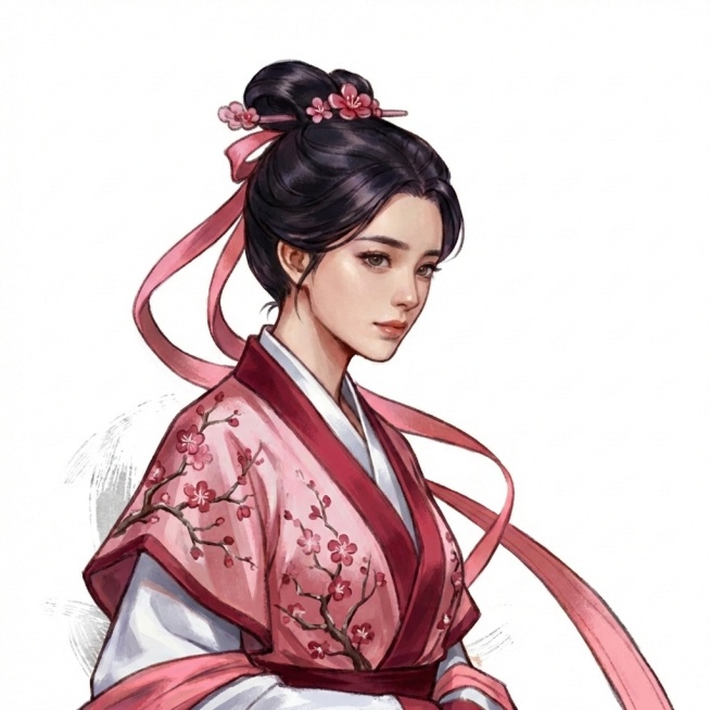 人物的五官和神情贴近女明星欧阳娜娜，衣服增加梅花的元素，衣服和发饰也是梅花的颜色预览效果