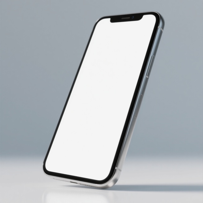 一张智能手机的3D渲染图，采用极简主义设计风格，全白屏幕，黑色边框，银色金属底部，侧面展示，机身呈现轻微的倾斜角度，表面光滑有光泽，具有清晰的阴影和高光效果，整体简洁干净，没有任何多余的装饰和文字信息。预览效果
