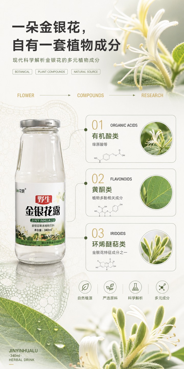 [商品] 使用【图1】野生金银花露玻璃瓶产品图；严格保留：透明… - 图片创意预览