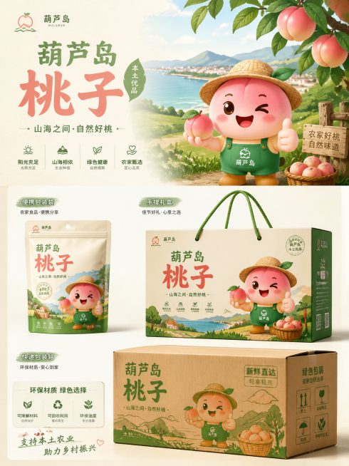 葫芦岛桃子农产品UI形象排版图，展示桃子卡通UI形象，包含本土产品包装设计：农家食品便携包装袋、桃子手提礼盒、快递包装箱，整体设计强调环保材质与乡土自然特色，风格清新质朴，排版清晰美观预览效果