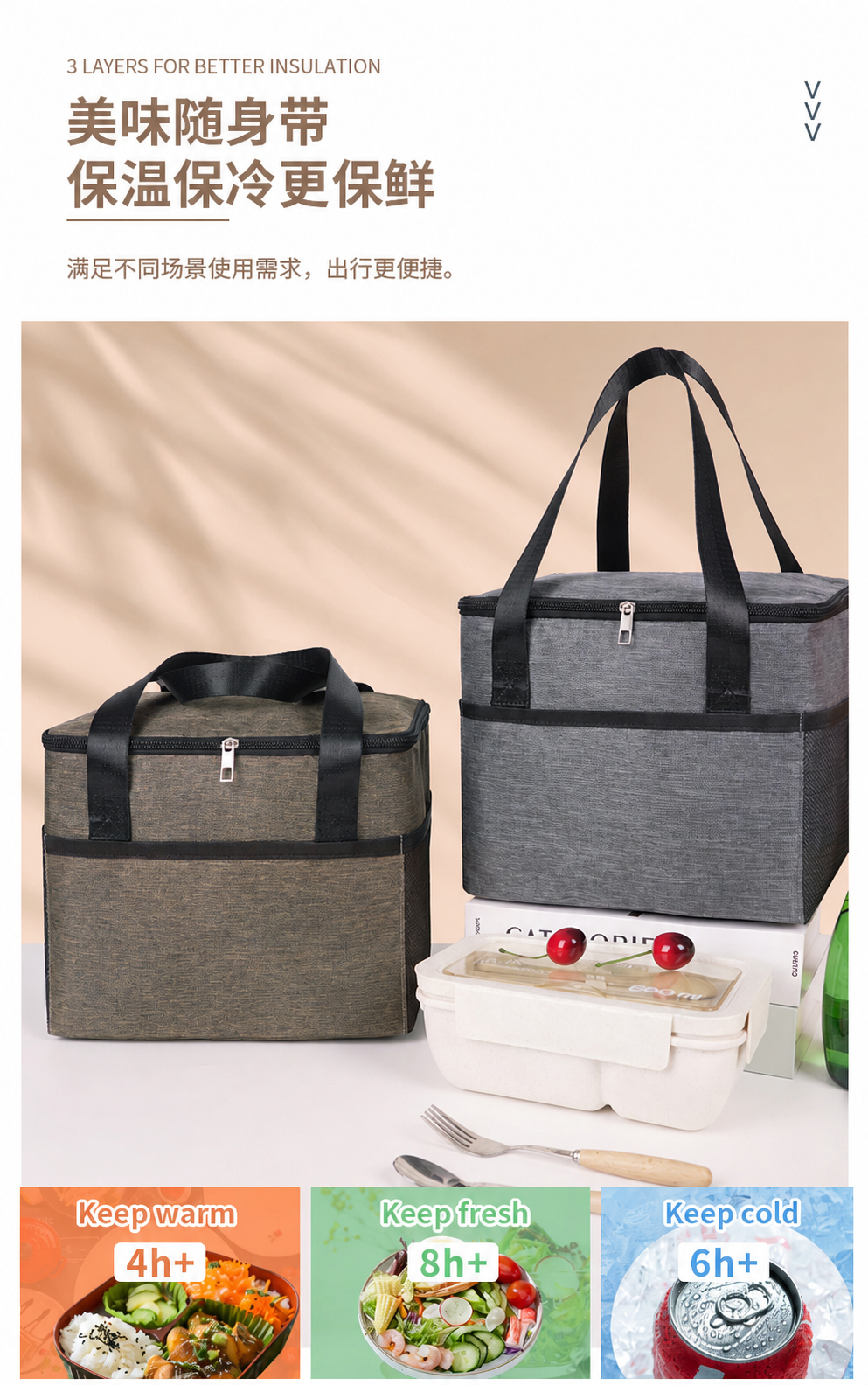 将图片中两个保温包上的双拉链头都修改为单个拉链头，保持其他所有… - 图片创意预览