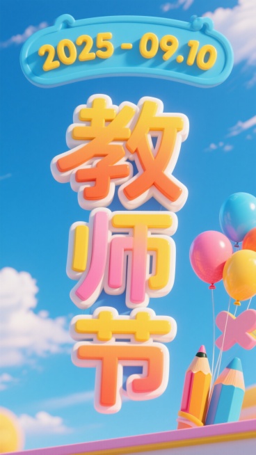 蓝色天空背景，顶部有蓝色可爱的边框包着黄色数字 “2025 - 09.10”，中央是彩色立体艺术字 “教师节”，“教” 字为橙色渐变，“师节” 为白色立体字搭配黄色描边，“节日快乐” 为蓝粉黄三色拼预览效果