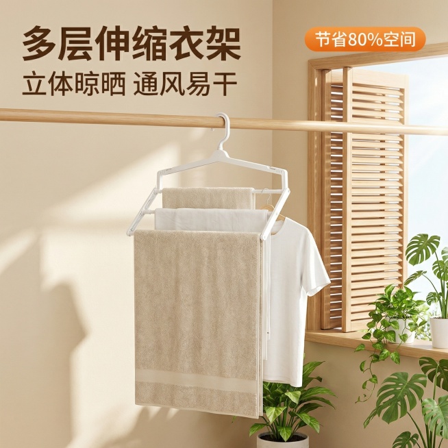 多层伸缩衣架电商主图，清新实用家居风格，明亮自然光，产品居中挂在原木晾衣杆上，挂有毛巾和衣物，背景是带百叶窗的暖米色阳台，点缀绿植。左上角主标题“多层伸缩衣架”，下方副标题“立体晾晒 通风易干”，右上预览效果