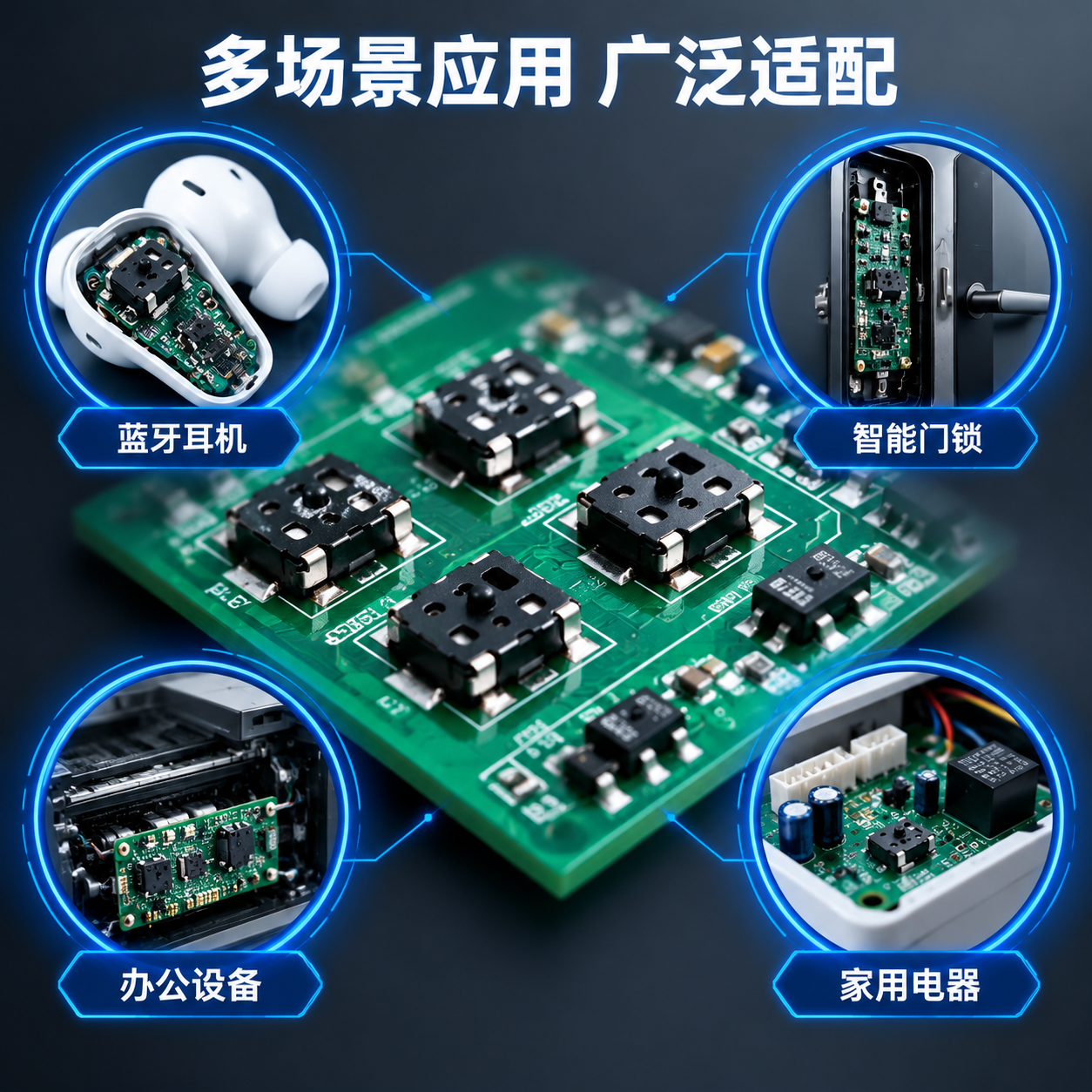 [主图-4] 应用场景与适配图，展示贴片检测开关在多种电子设备… - 图片创意预览