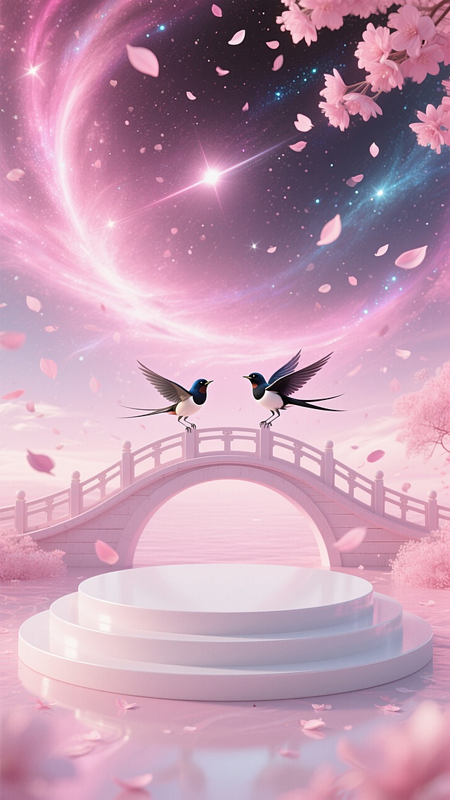 梦幻插画风，双鸟桥上相望，樱花飘落，超现实星空背景，浪漫唯美感。