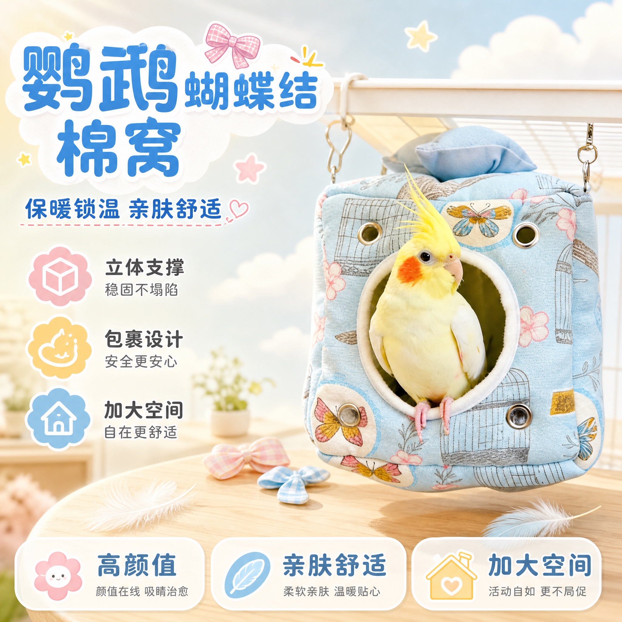 [单张主图] 鹦鹉蝴蝶结棉窝，抖音平台1:1主图，走童趣质感路… - 图片创意预览