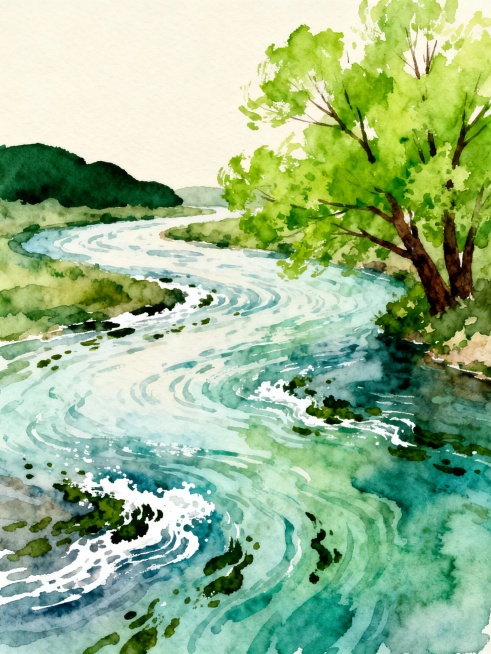 水彩风格插画，以柔和的米白色为背景，画面中央是一条蜿蜒流淌的河流，河水呈现由浅至深的蓝绿色调，带有明显的水彩晕染效果和自然的水波纹肌理，河面上点缀着零星的深绿色水藻和白色浪花。河流右侧岸边有一棵枝繁叶茂的绿色树木，树叶以明快的绿色水彩笔触绘制，树干为深棕色。河流左侧远处有几片墨绿色的山丘剪影，整体构图简洁流畅，色彩清新明快，营造出宁静自然、充满生机的春日氛围，光影柔和，笔触灵动，具有浓厚的手绘……预览效果