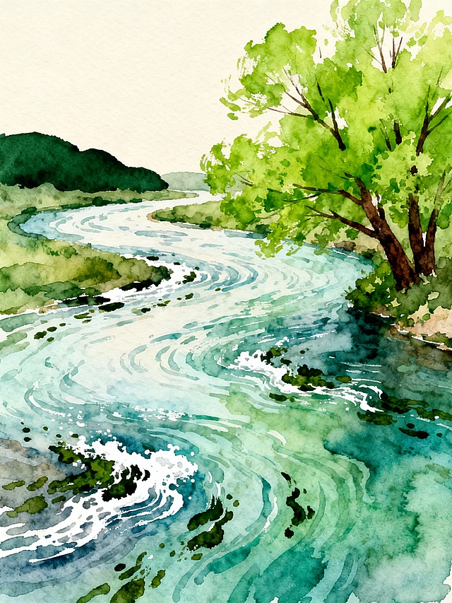 水彩风格插画，以柔和的米白色为背景，画面中央是一条蜿蜒流淌的河流，河水呈现由浅至深的蓝绿色调，带有明显的水彩晕染效果和自然的水波纹肌理，河面上点缀着零星的深绿色水藻和白色浪花。河流右侧岸边有一棵枝繁叶茂的绿色树木，树叶以明快的绿色水彩笔触绘制，树干为深棕色。河流左侧远处有几片墨绿色的山丘剪影，整体构图简洁流畅，色彩清新明快，营造出宁静自然、充满生机的春日氛围，光影柔和，笔触灵动，具有浓厚的手绘水彩质感和艺术表现力。